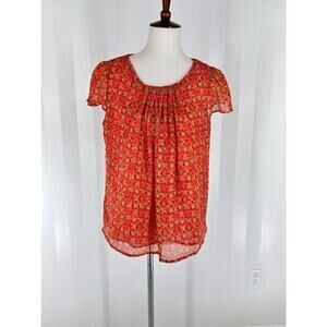 RAFAELLA Women’s Red, Brown, & Cream Pattern Sheer Top Sz L
